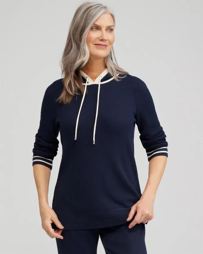 Chico039s Tops Zenergy Waffle Knit Hooded Tunic Classic Navy 8211 Clothing
