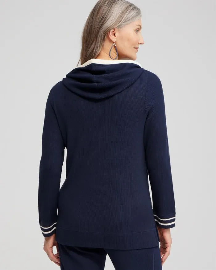 Chico039s Tops Zenergy Waffle Knit Hooded Tunic Classic Navy 8211 Clothing