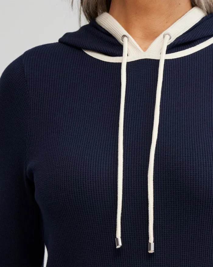 Chico039s Tops Zenergy Waffle Knit Hooded Tunic Classic Navy 8211 Clothing