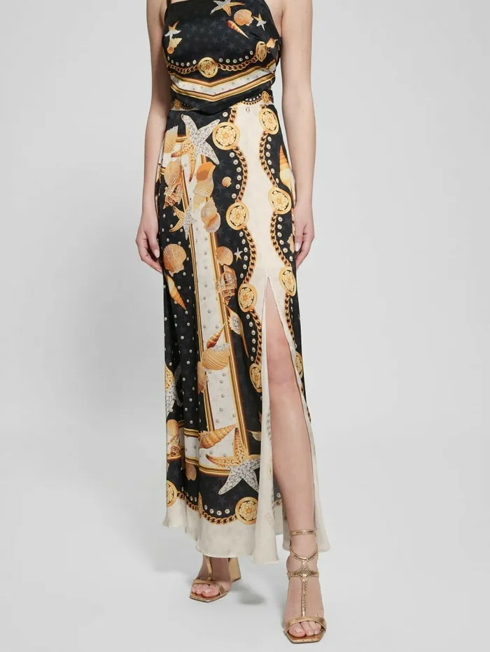 Dora Satin Maxi Skirt Black Shell Print Women Bottoms GUESS