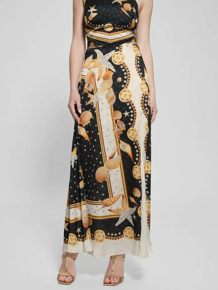 Dora Satin Maxi Skirt Black Shell Print Women Bottoms GUESS