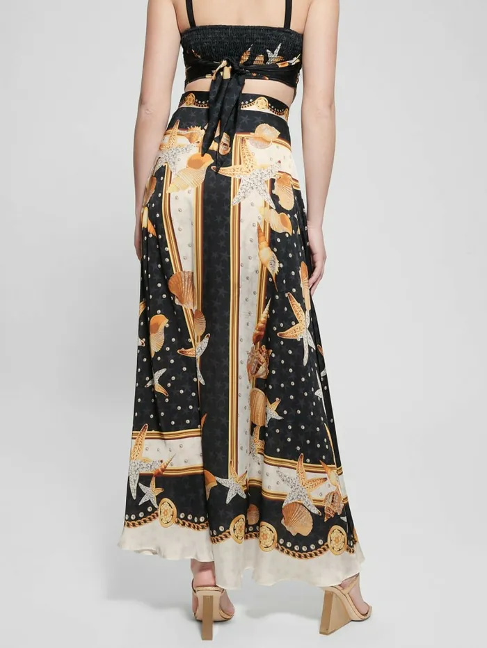 Dora Satin Maxi Skirt Black Shell Print Women Bottoms GUESS