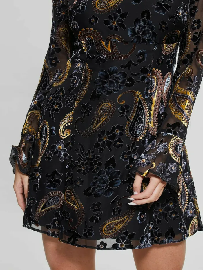 Dresses and Jumpsuits Marina Velvet Paisley Dress Jet Black Multi GUESS Women Dresses and Jumpsuits Marina Velvet Paisley Dress Jet Black Multi GUESS Women
