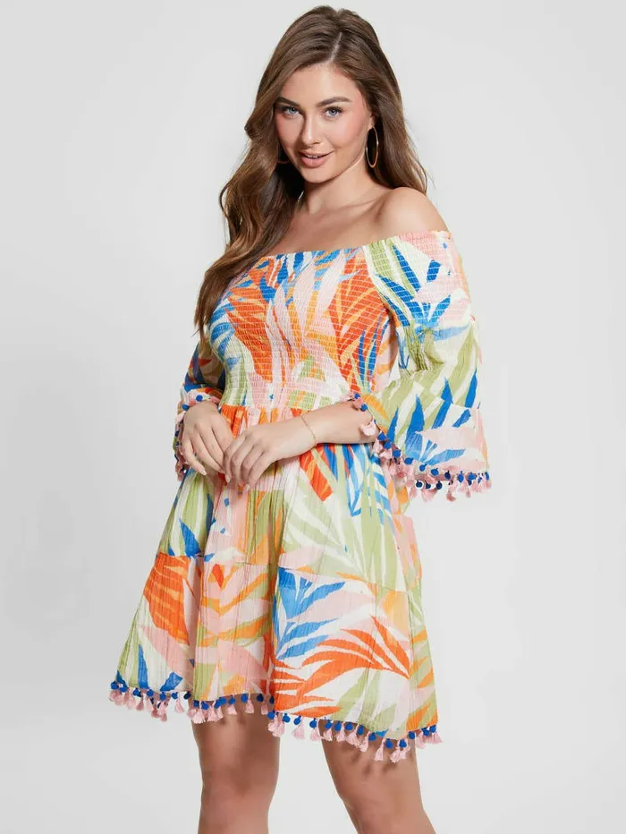 Eco Charlotte OfftheShoulder Sun Dress Havana Print Women Dresses and Jumpsuits GUESS