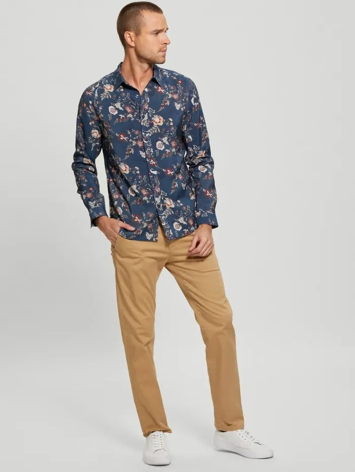Eco Sandwash Floral Shirt Festive Floral Blue Men Shirts GUESS