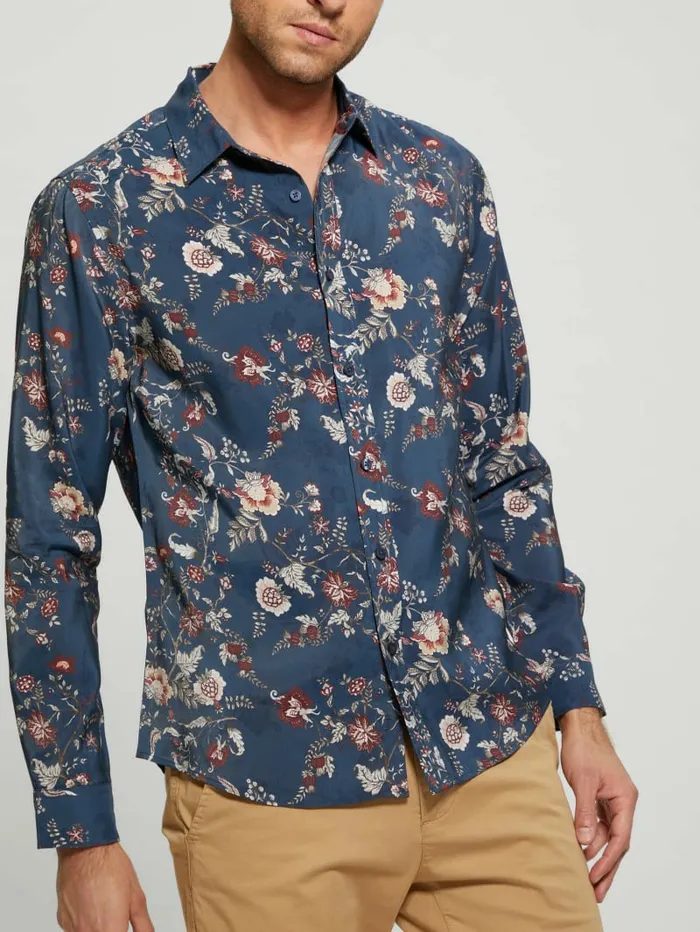 Eco Sandwash Floral Shirt Festive Floral Blue Men Shirts GUESS