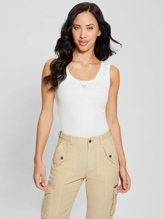 Eco Triangle Bling Ribbed Tank Pure White Women Tops GUESS