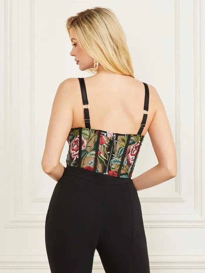 Embroidered Floral Corset Top Black Floral Multi Tops GUESS Women Embroidered Floral Corset Top Black Floral Multi Tops GUESS Women