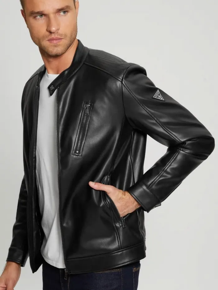 FauxLeather Biker Jacket Black Men Jackets and Coats GUESS