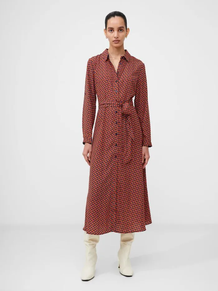 French Connection Dresses Abstract Belted Midi Shirt Dress Orange 8211 Woman