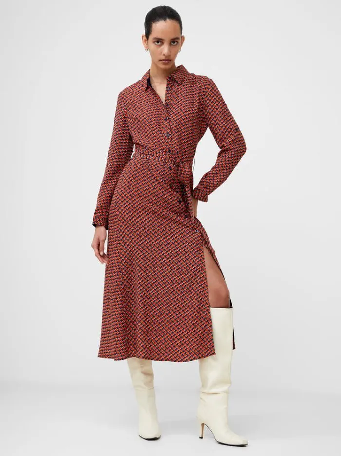 French Connection Dresses Abstract Belted Midi Shirt Dress Orange 8211 Woman