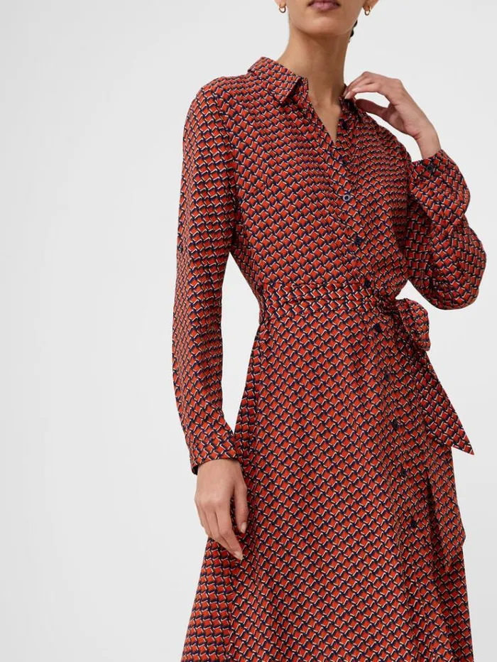French Connection Dresses Abstract Belted Midi Shirt Dress Orange 8211 Woman