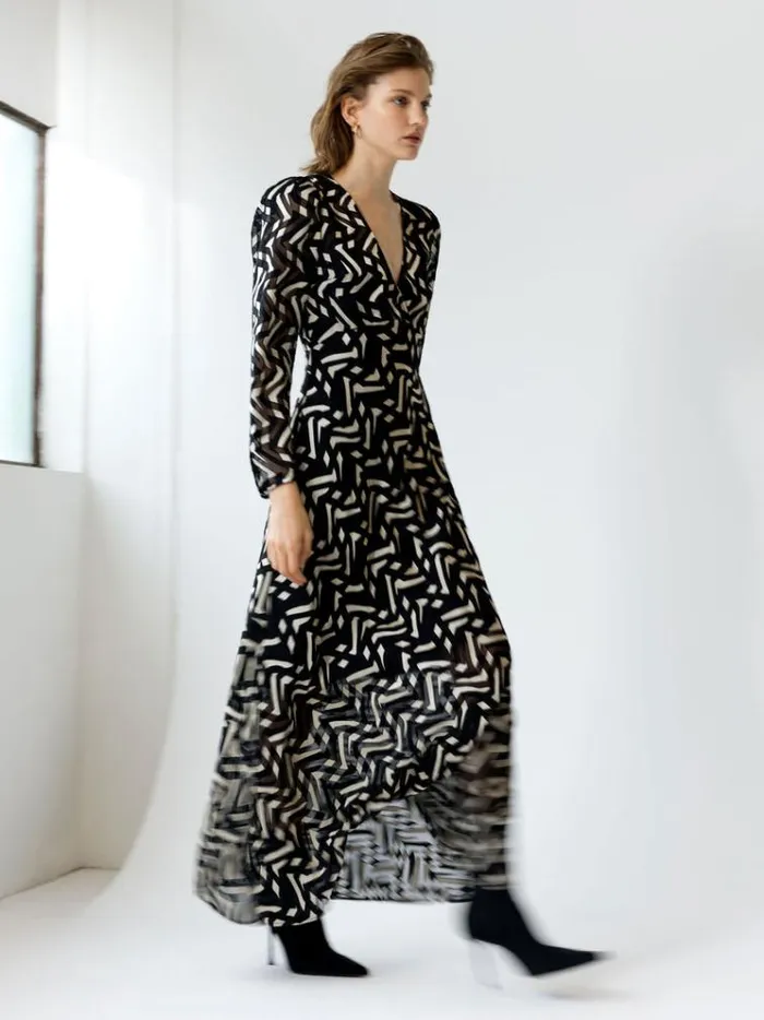 French Connection Dresses Diandra Satin Devore Maxi Dress Blackcream 8211 Woman