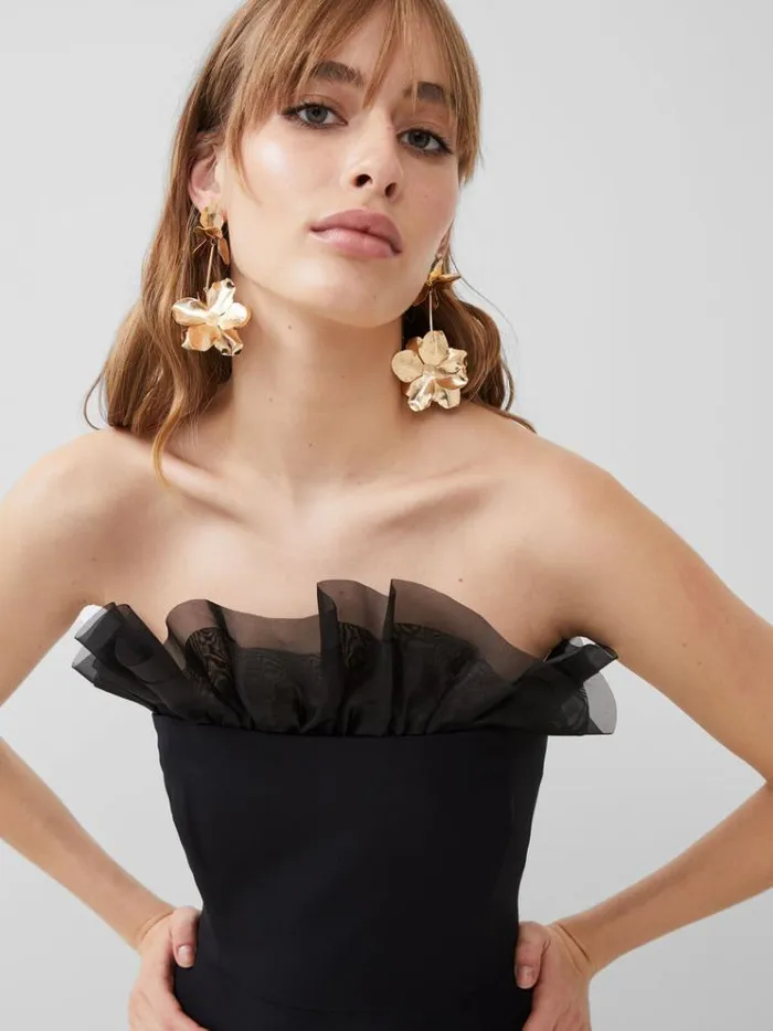 French Connection Dresses Echo Organza Mix Frill Strapless Midi Dress Blackout 8211 Woman