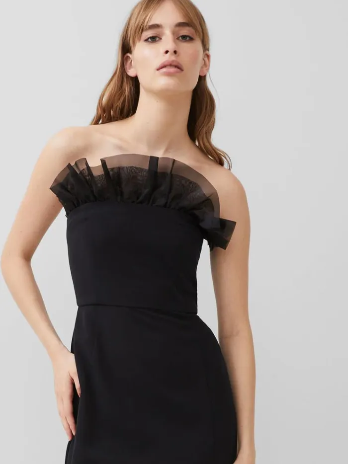 French Connection Dresses Echo Organza Mix Frill Strapless Midi Dress Blackout 8211 Woman