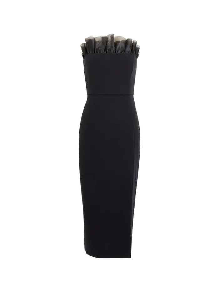 French Connection Dresses Echo Organza Mix Frill Strapless Midi Dress Blackout 8211 Woman