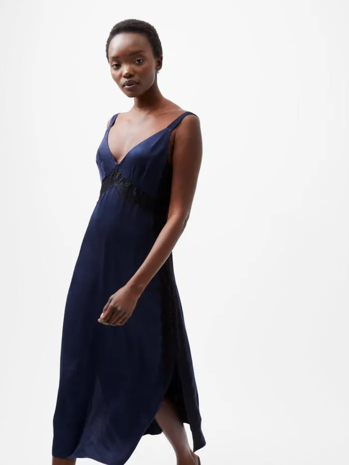 French Connection Dresses Ennis Eco Satin Lace Dress Marineblack 8211 Woman
