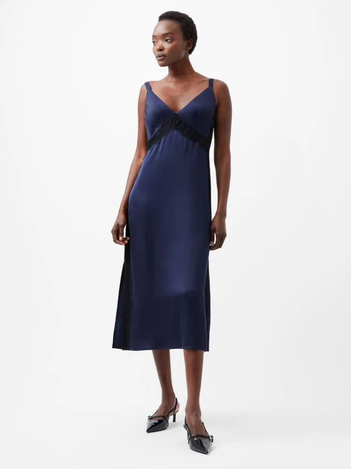 French Connection Dresses Ennis Eco Satin Lace Dress Marineblack 8211 Woman