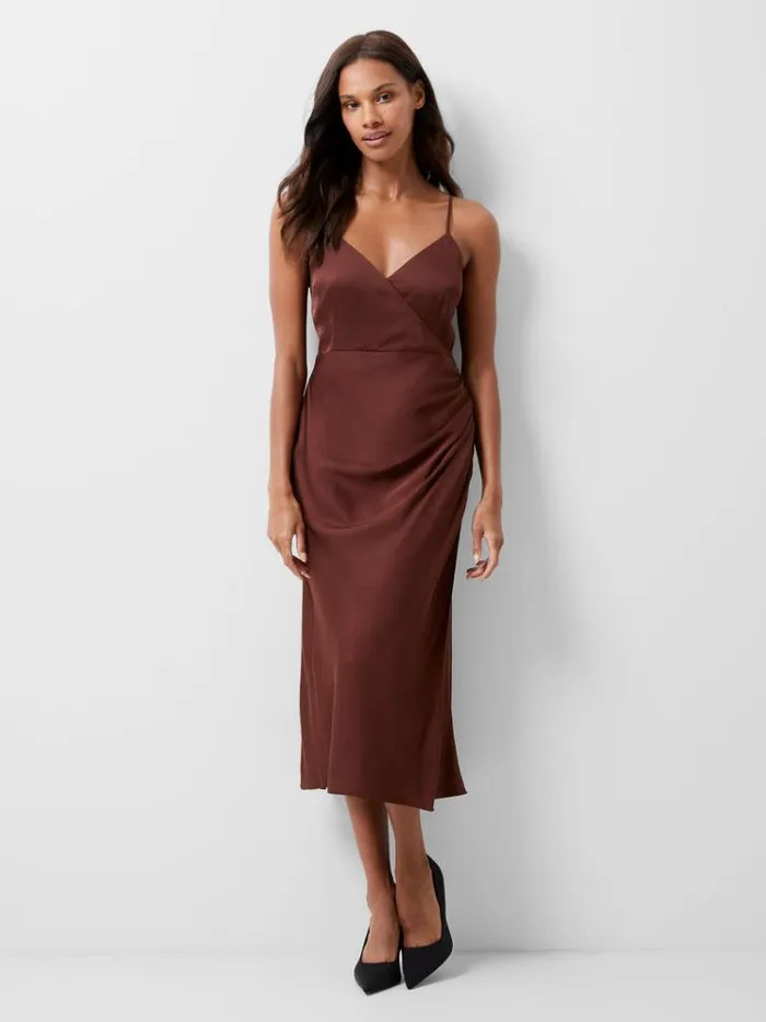 French Connection Dresses Ennis Eco Satin Slip Midi Dress Chocolate Fondant 8211 Woman