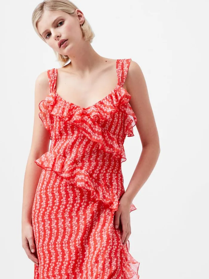 French Connection Dresses Frances Crinkle Ruffle Dress Cayenne Redwhite 8211 Woman