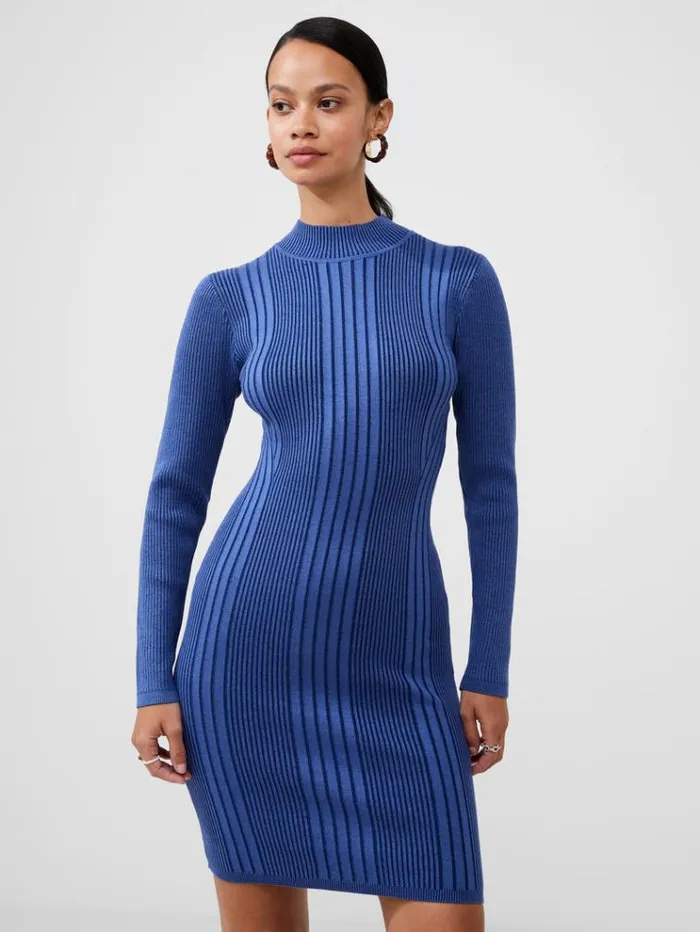 French Connection Dresses Mari Knit Roll Neck Mini Dress Coastal Fjord Multi 8211 Woman