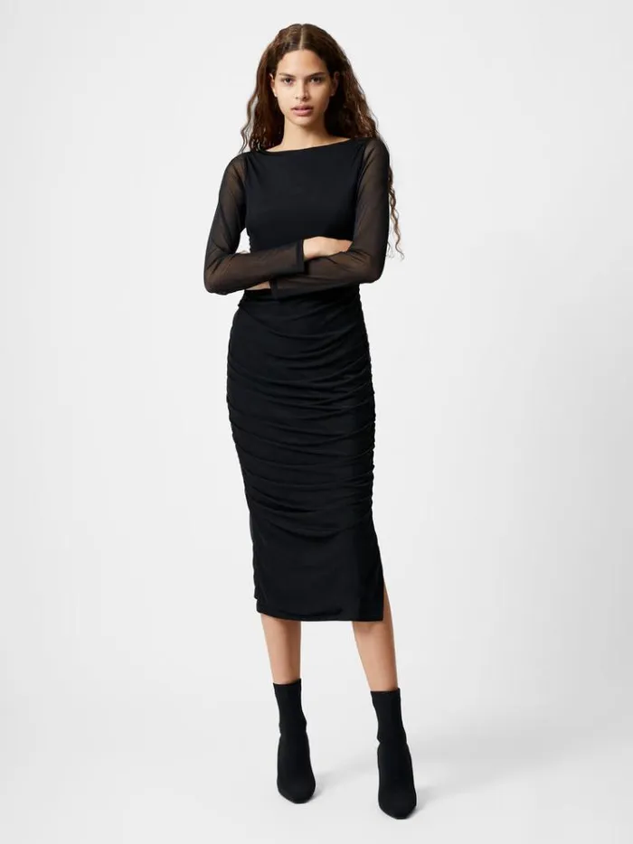 French Connection Dresses Mesh Ruched Long Sleeve Midi Dress Black 8211 Woman