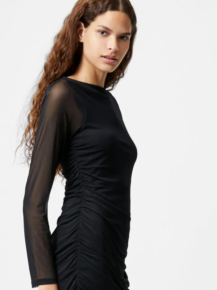 French Connection Dresses Mesh Ruched Long Sleeve Midi Dress Black 8211 Woman