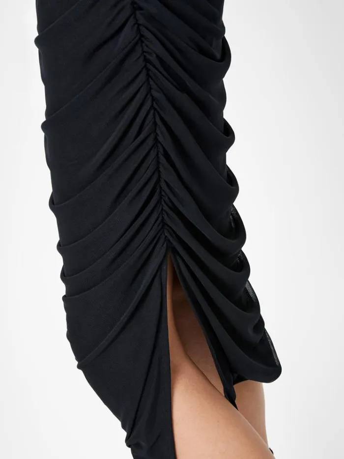 French Connection Dresses Mesh Ruched Long Sleeve Midi Dress Black 8211 Woman
