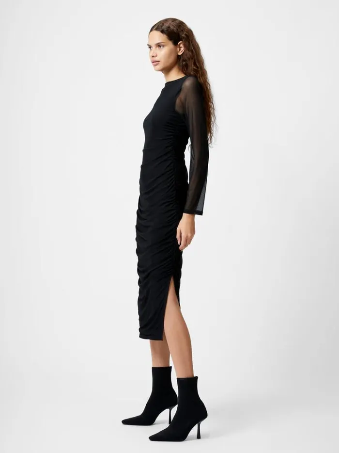 French Connection Dresses Mesh Ruched Long Sleeve Midi Dress Black 8211 Woman