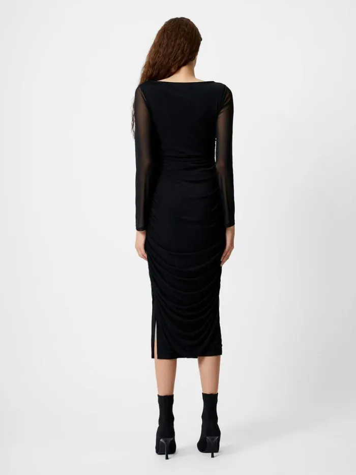 French Connection Dresses Mesh Ruched Long Sleeve Midi Dress Black 8211 Woman