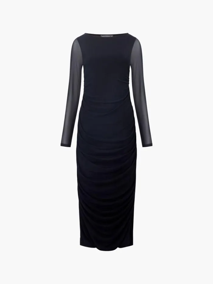 French Connection Dresses Mesh Ruched Long Sleeve Midi Dress Black 8211 Woman