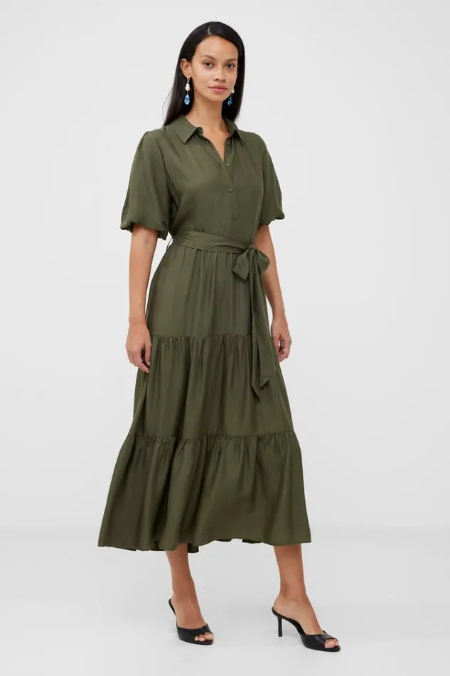 French Connection Dresses Puff Sleeve Tiered Midi Shirt Dress Olive Night 8211 Woman French Connection Dresses Puff Sleeve Tiered Midi Shirt Dress Olive Night 8211 Woman