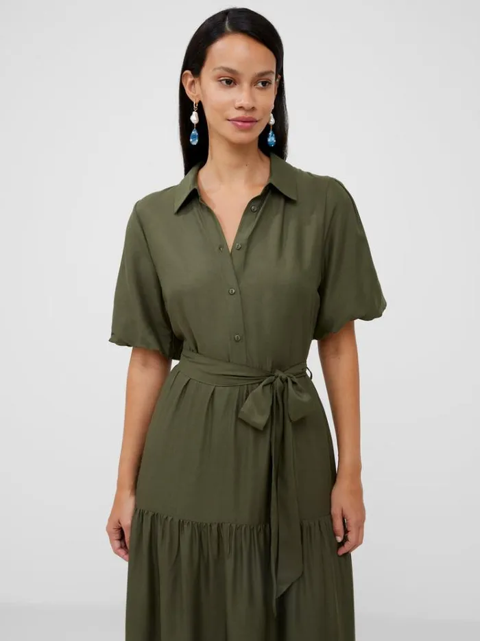 French Connection Dresses Puff Sleeve Tiered Midi Shirt Dress Olive Night 8211 Woman