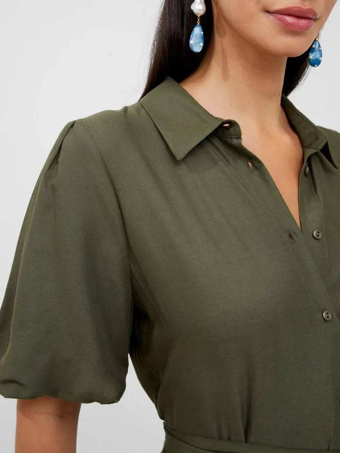 French Connection Dresses Puff Sleeve Tiered Midi Shirt Dress Olive Night 8211 Woman