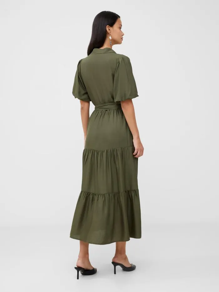 French Connection Dresses Puff Sleeve Tiered Midi Shirt Dress Olive Night 8211 Woman