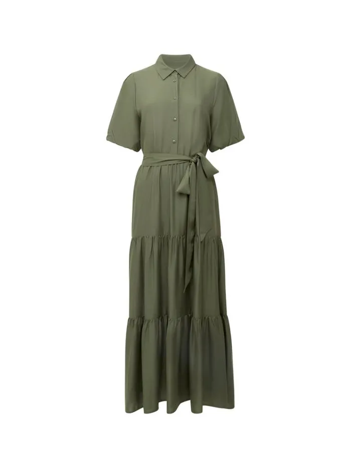 French Connection Dresses Puff Sleeve Tiered Midi Shirt Dress Olive Night 8211 Woman
