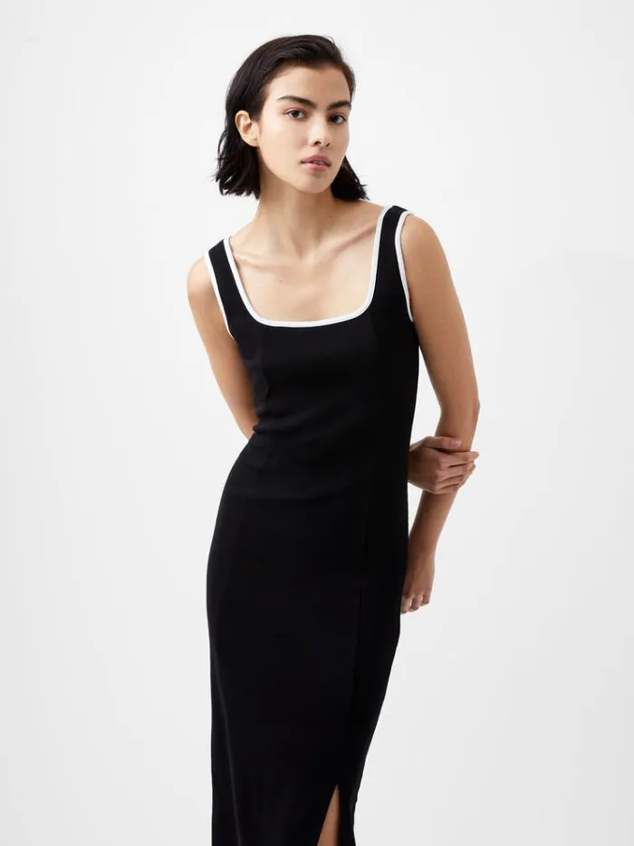 French Connection Dresses Rassia Rib Contrast Square Neck Midi Dress Blackporcelain Crea 8211 Woman