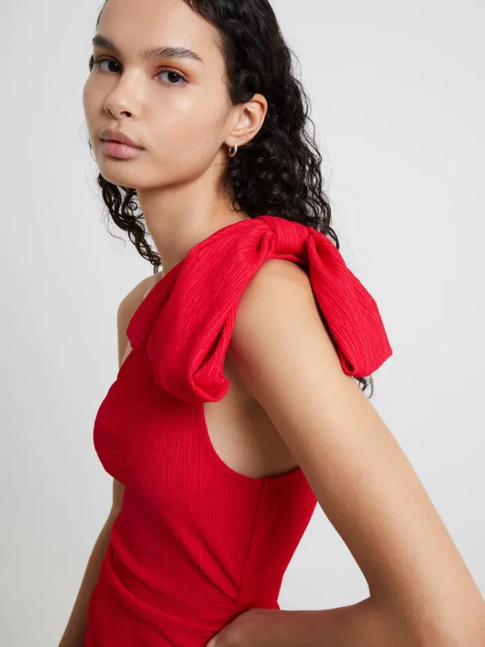 French Connection Dresses Sonya Ribbed Bow One Shoulder Dress Lollipop Red 8211 Woman