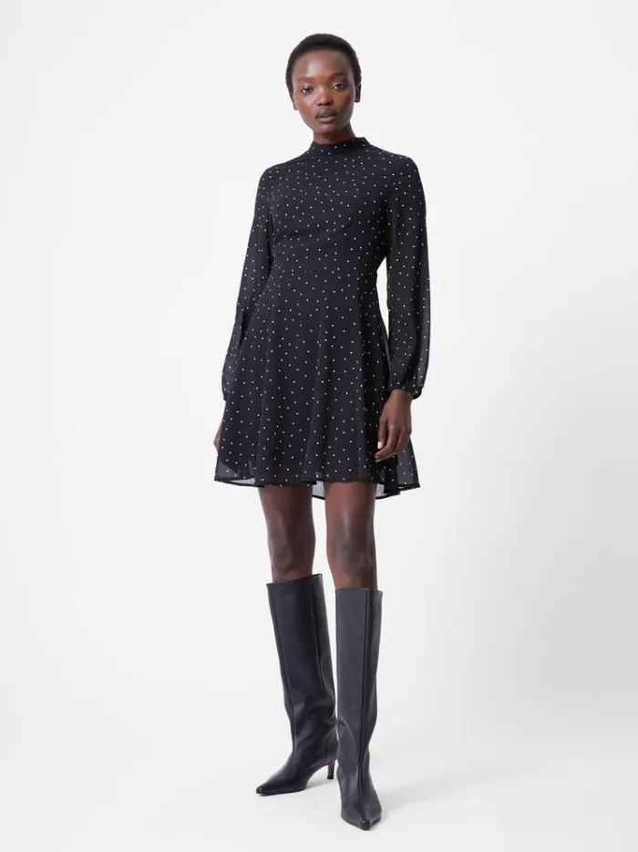 French Connection Dresses Spot Georgette Long Sleeve Mini Dress Blackwhite 8211 Woman