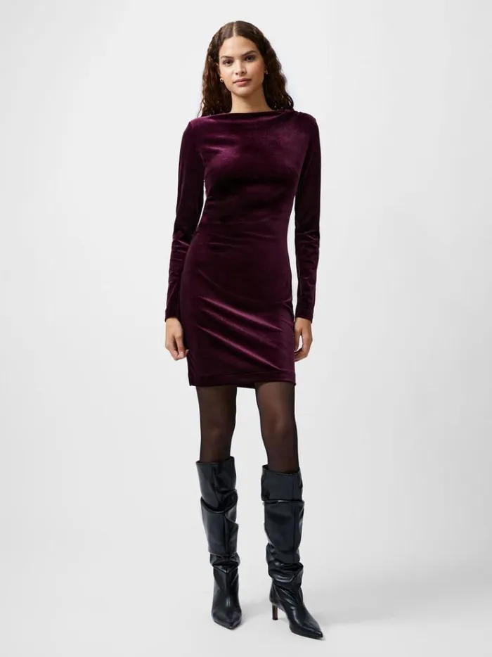 French Connection Dresses Viola Velvet Long Sleeve Bodycon Mini Dress Burgundy Red 8211 Woman