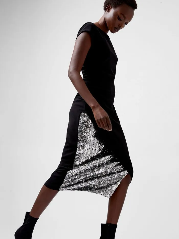 French Connection Dresses Zanna Jersey Sequin Mix Midi Dress Blackout 8211 Woman