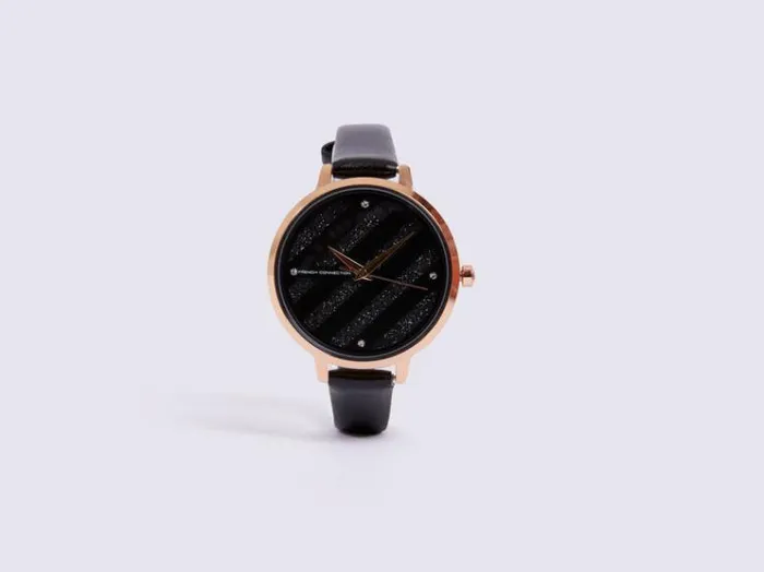 French Connection Jewellery Black Leather Strap Watch With Black Glitter Dial Black 8211 Woman French Connection Jewellery Black Leather Strap Watch With Black Glitter Dial Black 8211 Woman