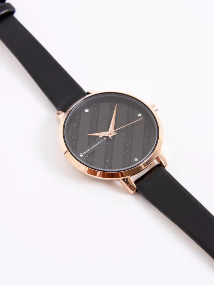French Connection Jewellery Black Leather Strap Watch With Black Glitter Dial Black 8211 Woman