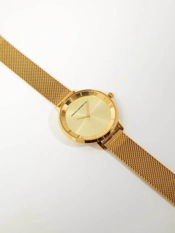 French Connection Jewellery Gold Tone Mesh Bracelet Watch With Champagne Dial Gold 8211 Woman
