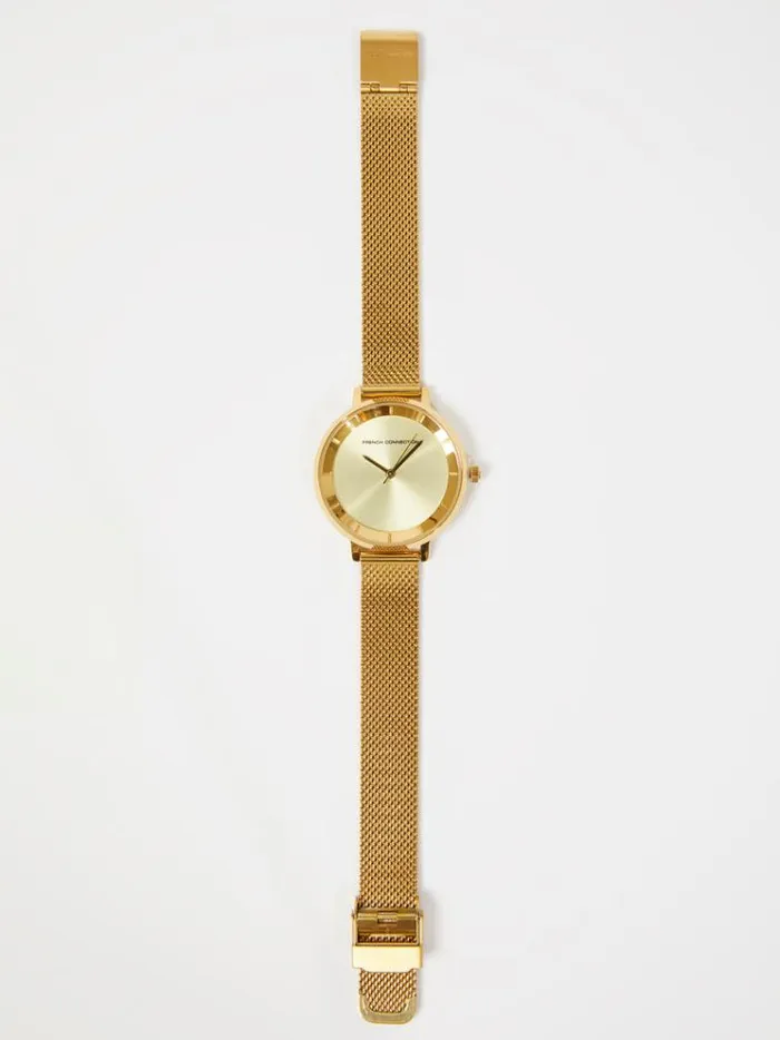 French Connection Jewellery Gold Tone Mesh Bracelet Watch With Champagne Dial Gold 8211 Woman