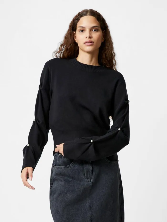 French Connection Jumpers and Cardigans Babysoft Faux Pearl Sleeve Crew Neck Jumper Blackout 8211 Woman