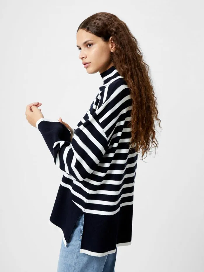French Connection Jumpers and Cardigans Babysoft High Neck Striped Side Split Jumper Midnightwinter Wht 8211 Woman