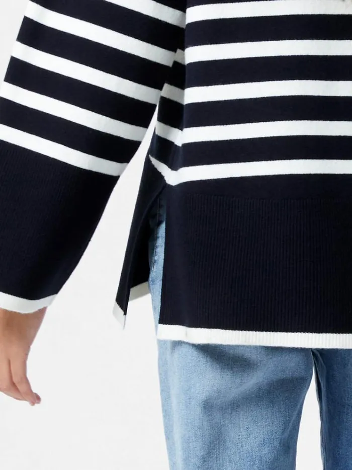 French Connection Jumpers and Cardigans Babysoft High Neck Striped Side Split Jumper Midnightwinter Wht 8211 Woman