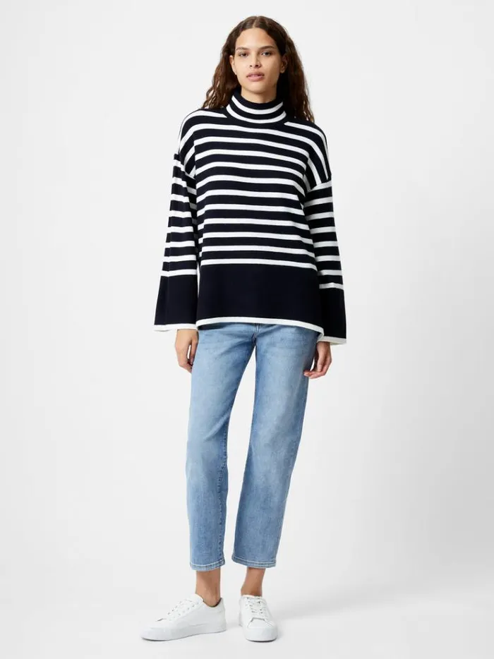 French Connection Jumpers and Cardigans Babysoft High Neck Striped Side Split Jumper Midnightwinter Wht 8211 Woman