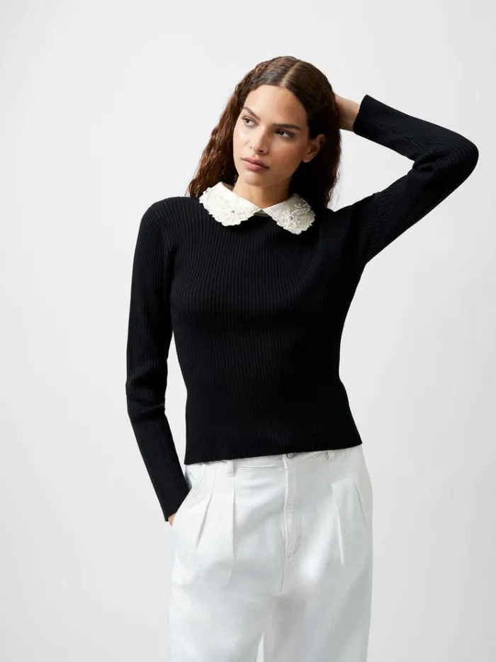 French Connection Jumpers and Cardigans Krista Embellished Knit Top Blackwhite 8211 Woman